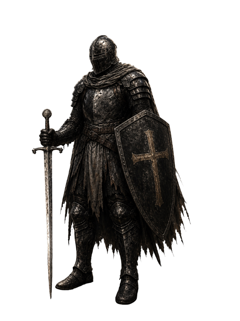 A fully armored soldier, front-facing, illustrating the Armor of God